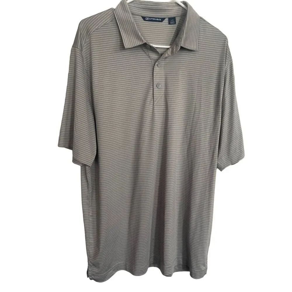Cutter & Back Mens Grey And White Striped Three Button Short Sleeve Polo Large